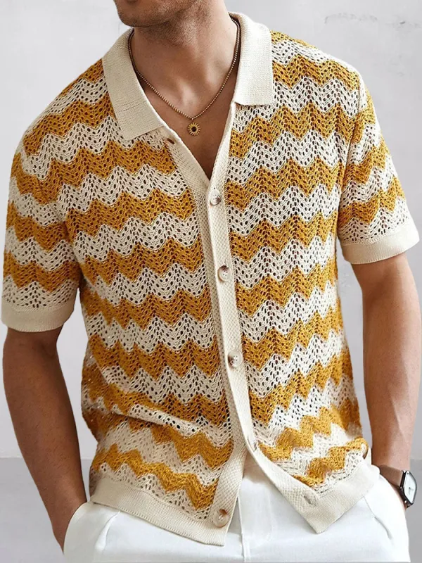 Stylish Openwork Jacquard Ripple Knit Shirt sold by Coofandy