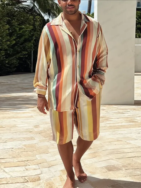 Trendy Stripe Printed Shirt Shorts Set sold by Coofandy