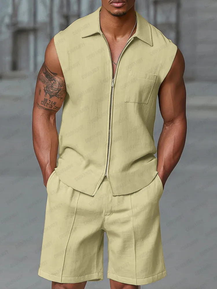 Athleisure Zipped Tank Top Shorts Set sold by Coofandy