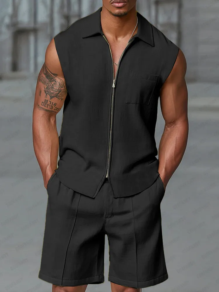 Athleisure Zipped Tank Top Shorts Set sold by Coofandy product image thumbnail 2