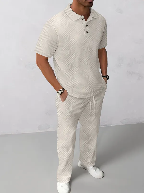 Stylish Jacquard Textured Polo Shirt Set sold by Coofandy