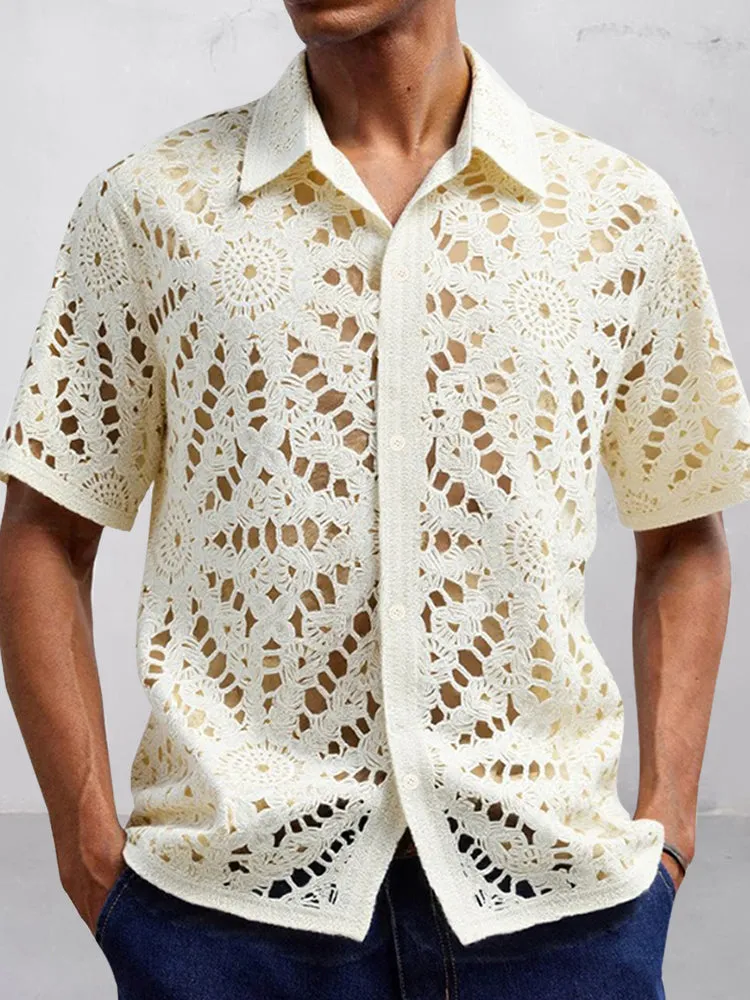 Trendy Openwork Crochet Knit Shirt sold by Coofandy