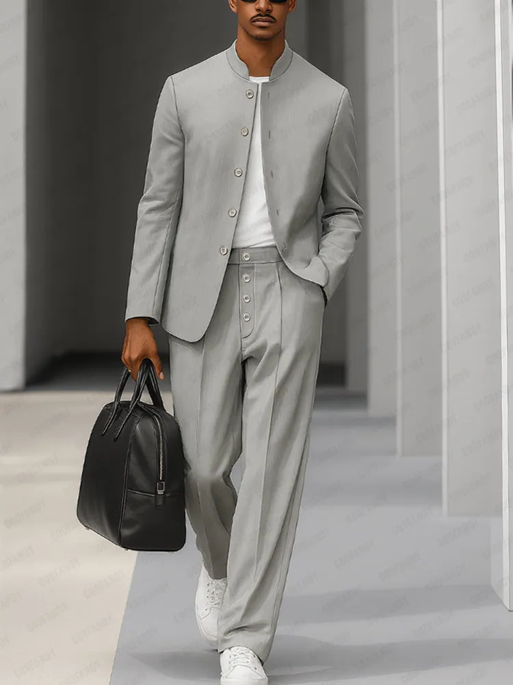 Elegant Stand Collar Thin Blazer Pants Set sold by Coofandy