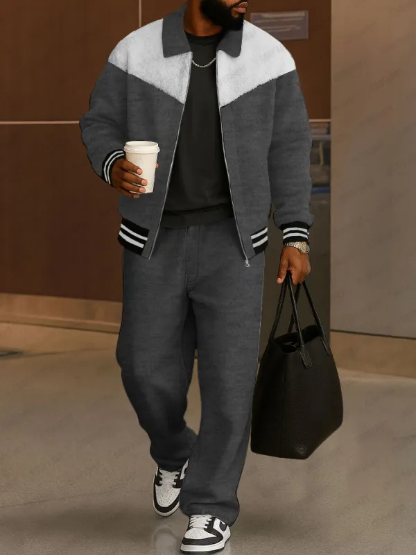 Casual Fleece Patchwork Jacket Pants Set sold by Coofandy