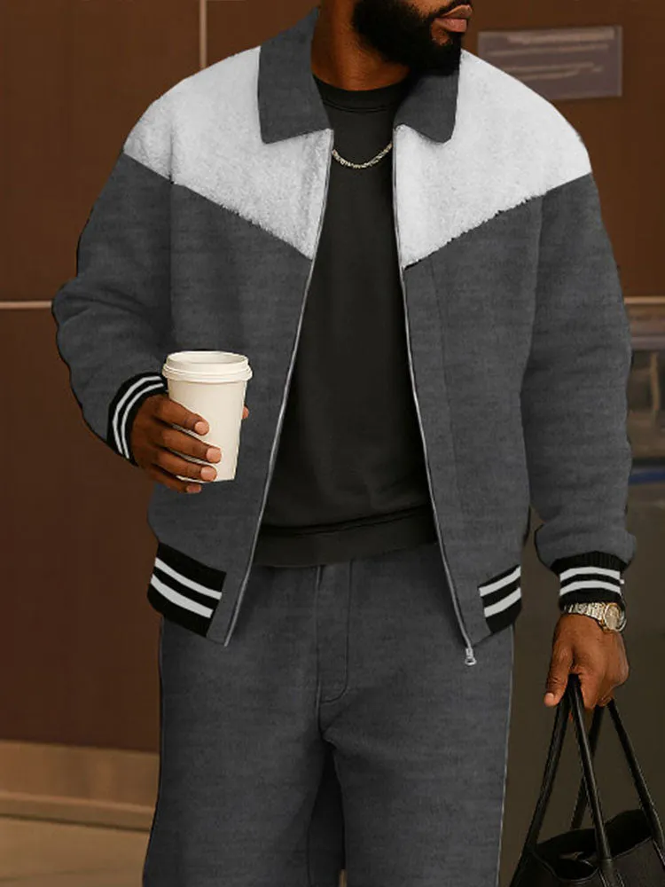 Casual Fleece Patchwork Jacket Pants Set sold by Coofandy product image thumbnail 3