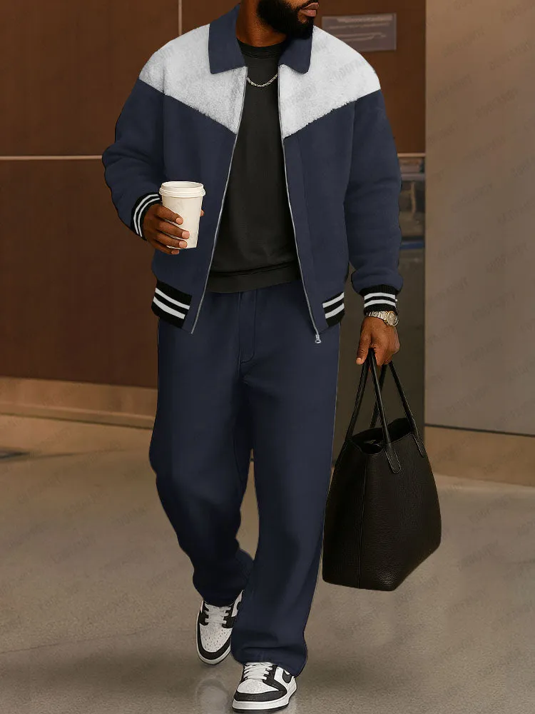 Casual Fleece Patchwork Jacket Pants Set sold by Coofandy product image thumbnail 2