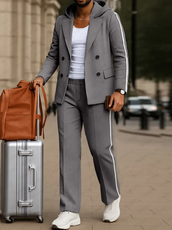 Trendy Contrast Stripe Hooded Blazer Set sold by Coofandy