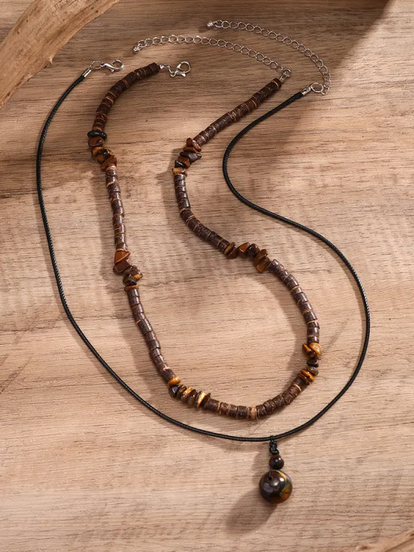 Vintage Wooden Beads Multilayer Necklace sold by Coofandy