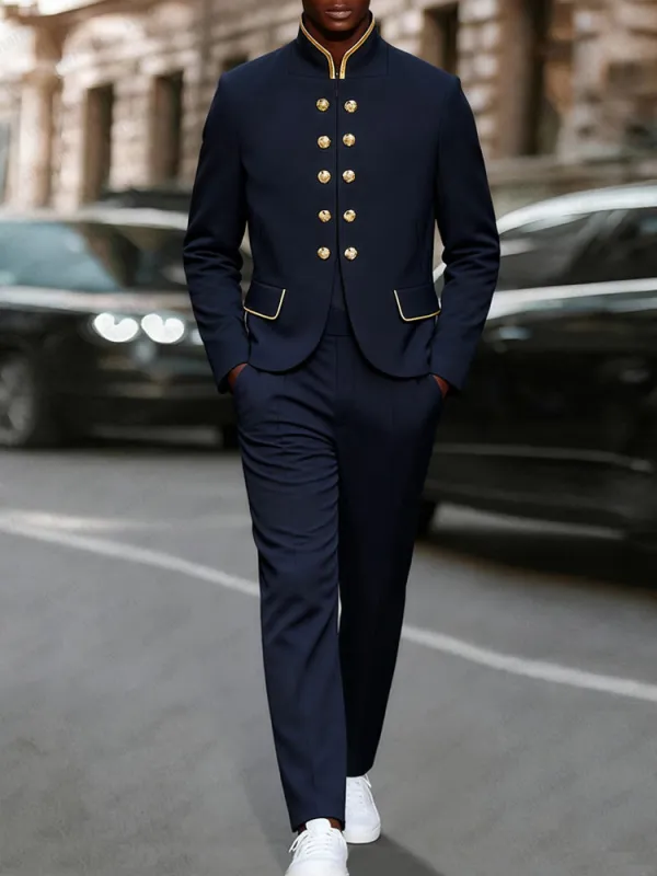 Military Style Gold Detail Blazer Pants Set sold by Coofandy