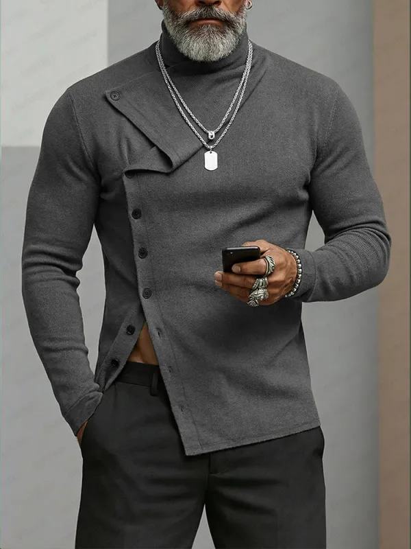 Elastic Slant Placket Turtleneck Knit Top sold by Coofandy