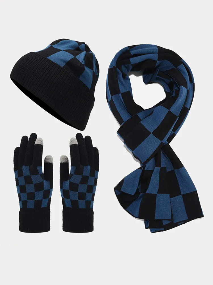 Cozy Checked Beanie Hat Scarf Gloves 3-in-1 Set sold by Coofandy product image thumbnail 3
