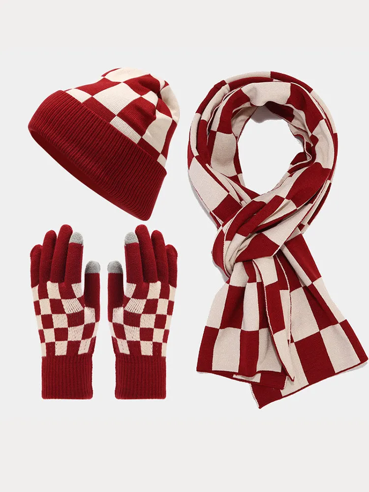 Cozy Checked Beanie Hat Scarf Gloves 3-in-1 Set sold by Coofandy product image thumbnail 4