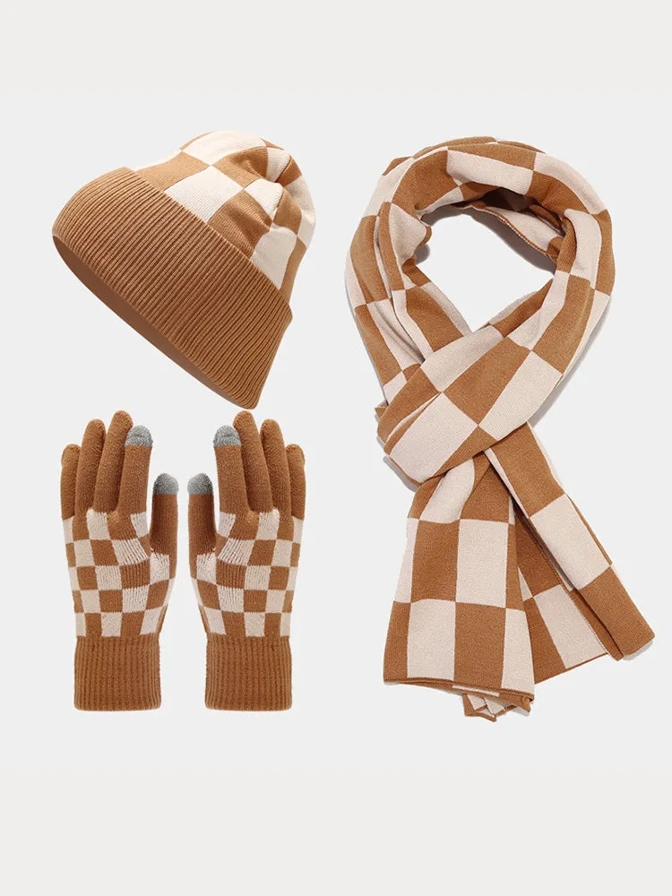 Cozy Checked Beanie Hat Scarf Gloves 3-in-1 Set sold by Coofandy product image thumbnail 2