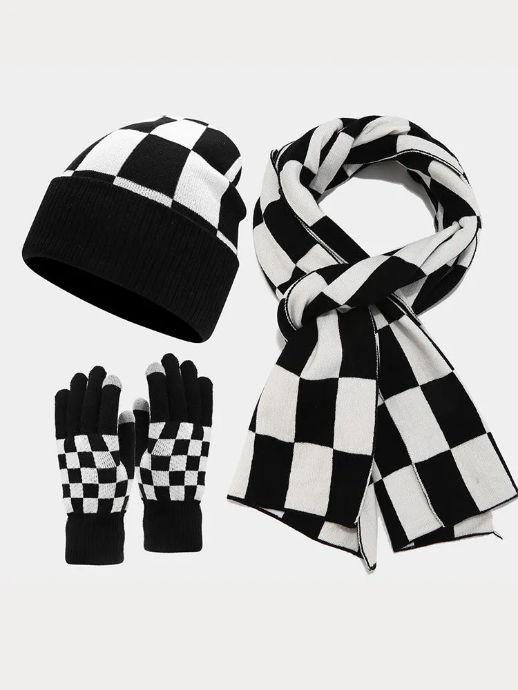 Cozy Checked Beanie Hat Scarf Gloves 3-in-1 Set sold by Coofandy