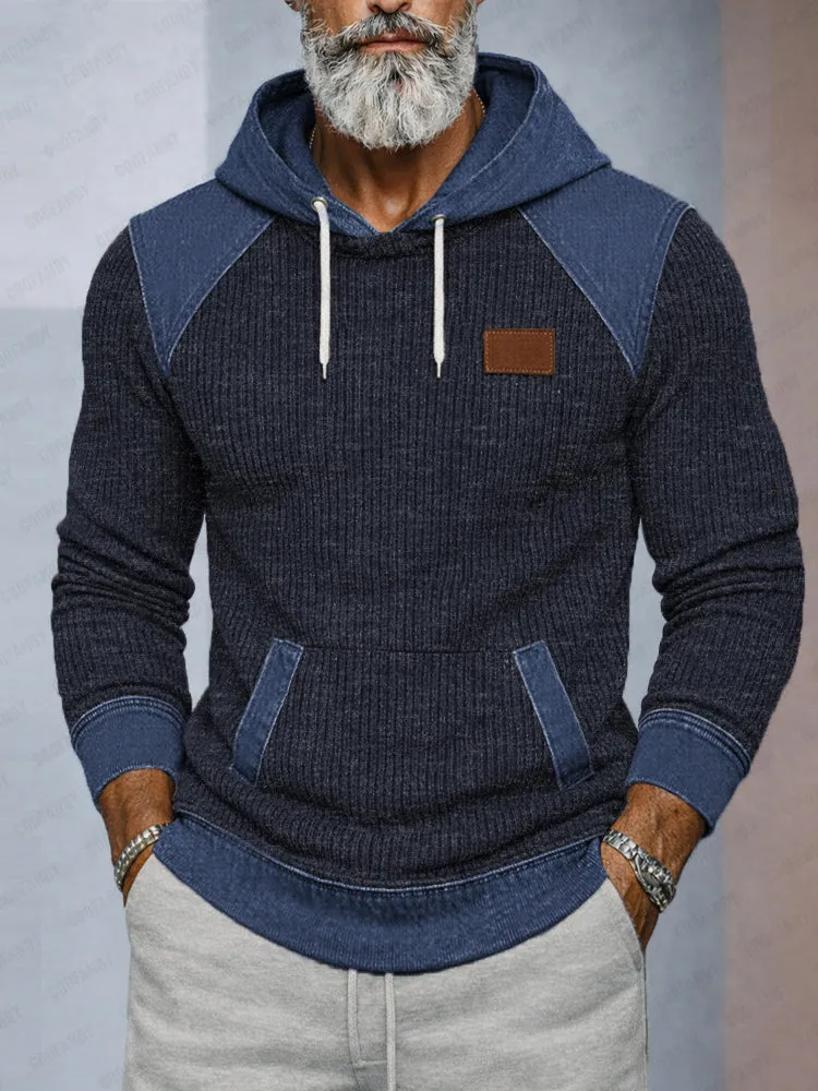 Casual Denim Patchwork Knit Hoodie sold by Coofandy product image thumbnail 2