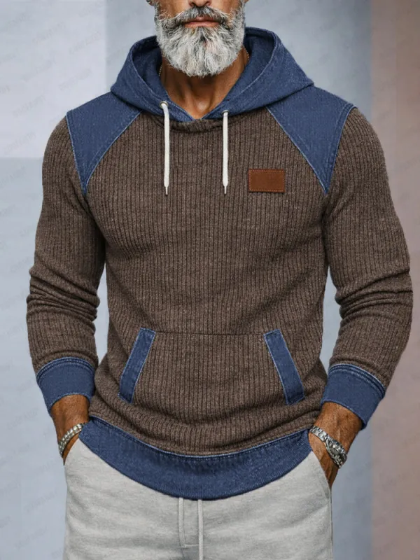 Casual Denim Patchwork Knit Hoodie made by Coofandy