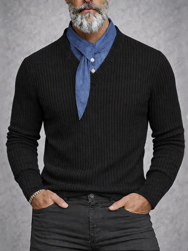 Stylish Scarf Neck Fake Two-Piece Knit Shirt sold by Coofandy