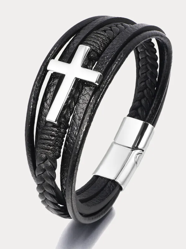 Multi-Layer Braided Leather Cross Bracelet sold by Coofandy
