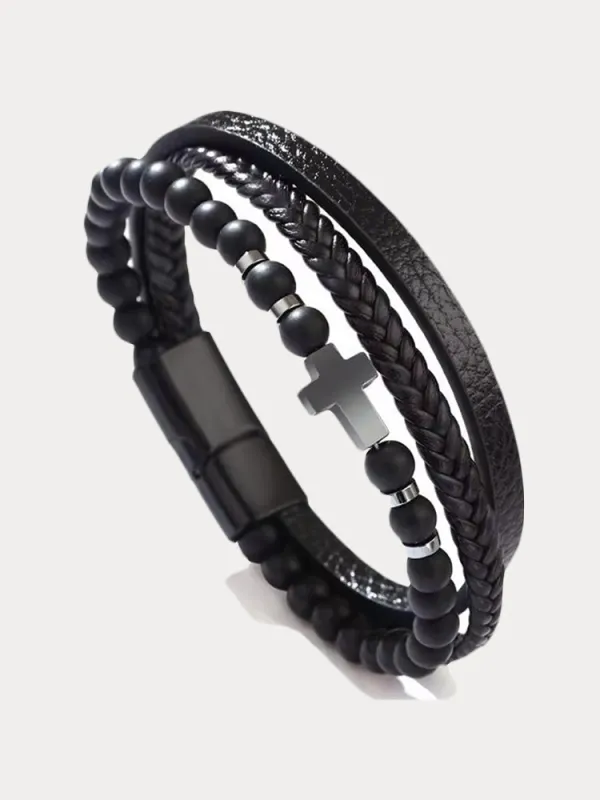 Multi-Layer Design Leather Cross Bracelet sold by Coofandy