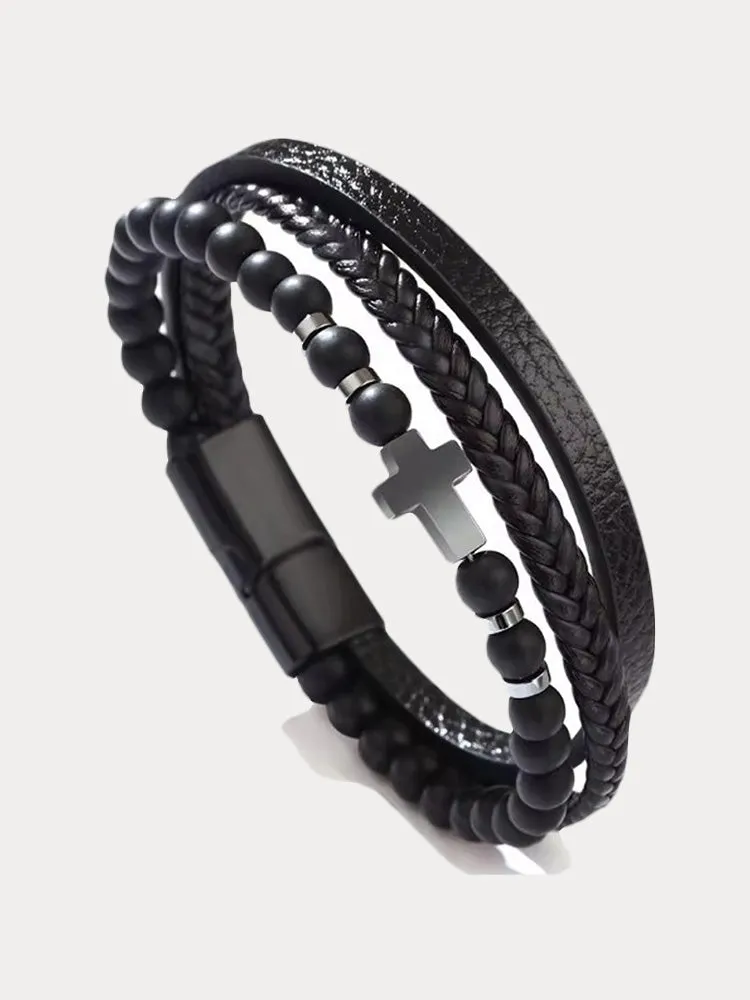 Multi-Layer Design Leather Cross Bracelet sold by Coofandy