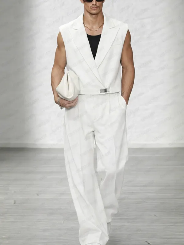 Trendy Lapel Vest and Wide-Leg Pants Set sold by Coofandy