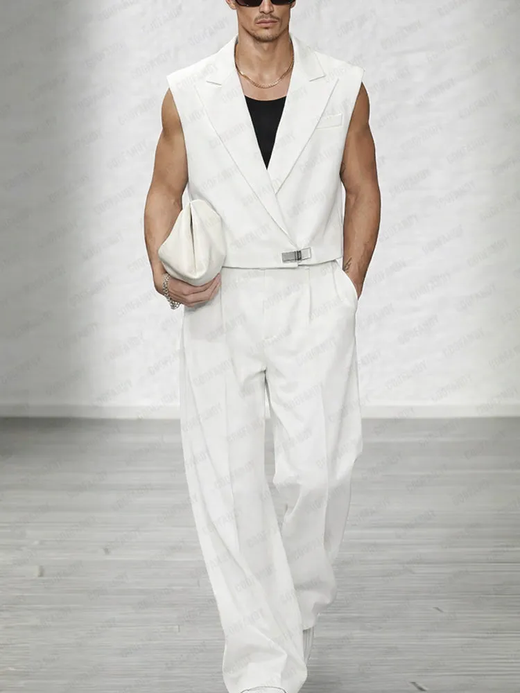 Trendy Lapel Vest and Wide-Leg Pants Set sold by Coofandy