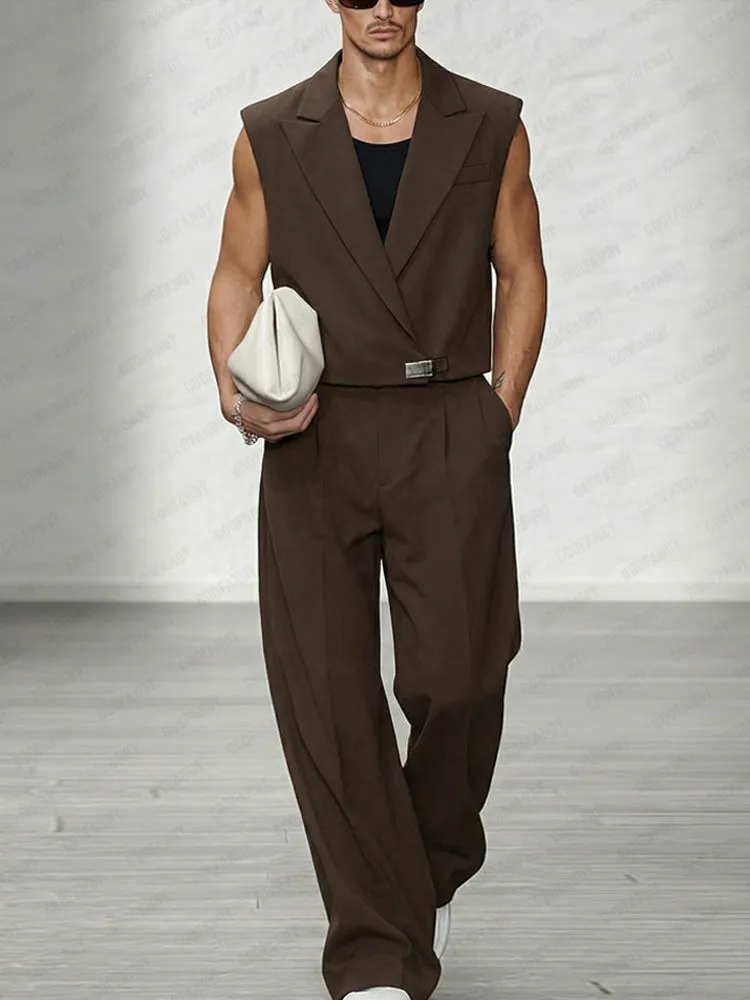 Trendy Lapel Vest and Wide-Leg Pants Set sold by Coofandy product image thumbnail 2