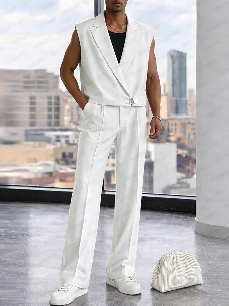 Trendy Lapel Vest and Wide-Leg Pants Set sold by Coofandy product image thumbnail 3