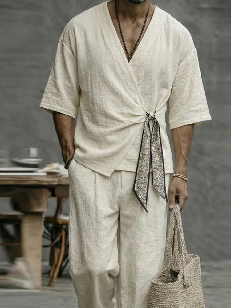 Minimalist Cotton 2-Piece Set with Scarf Tie Closure sold by Coofandy product image thumbnail 3
