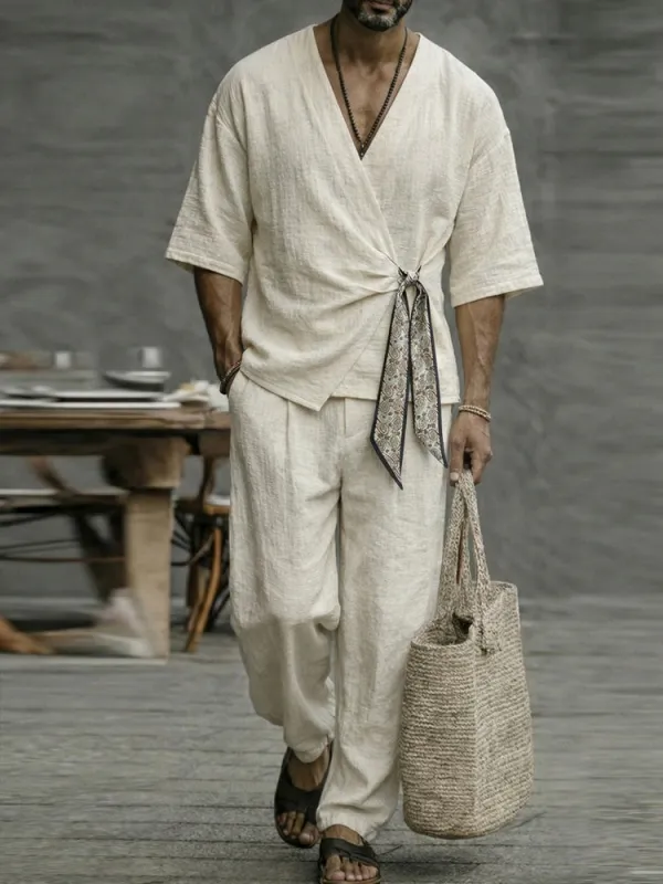 Minimalist Cotton 2-Piece Set with Scarf Tie Closure made by Coofandy
