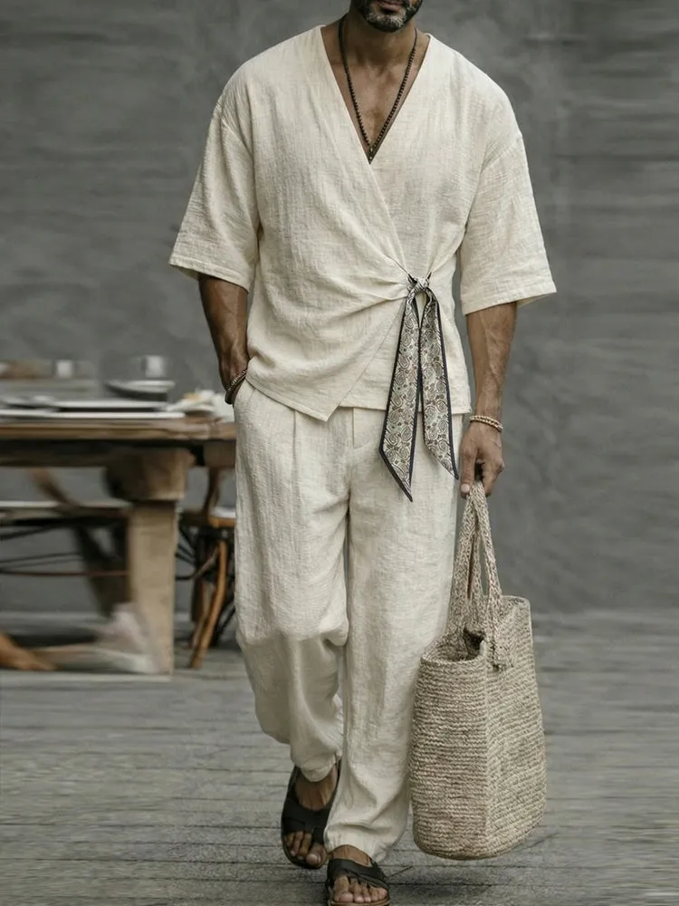 Minimalist Cotton 2-Piece Set with Scarf Tie Closure sold by Coofandy