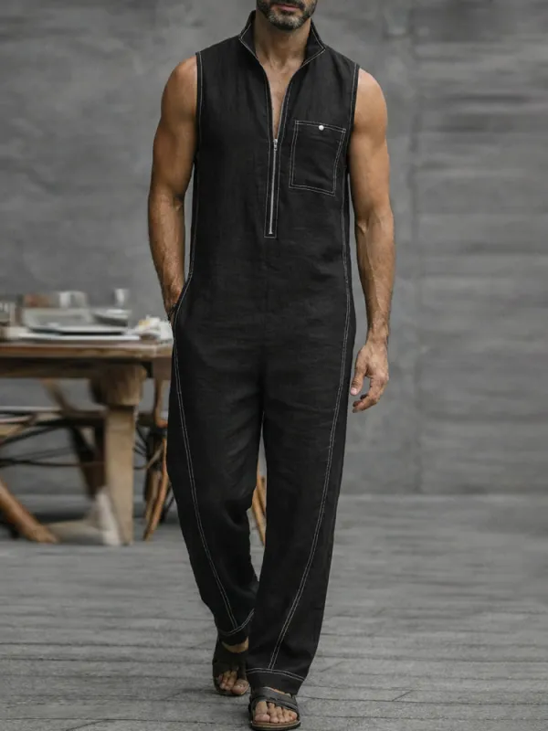 Casual Contrast Stitch 100% Cotton Jumpsuit sold by Coofandy