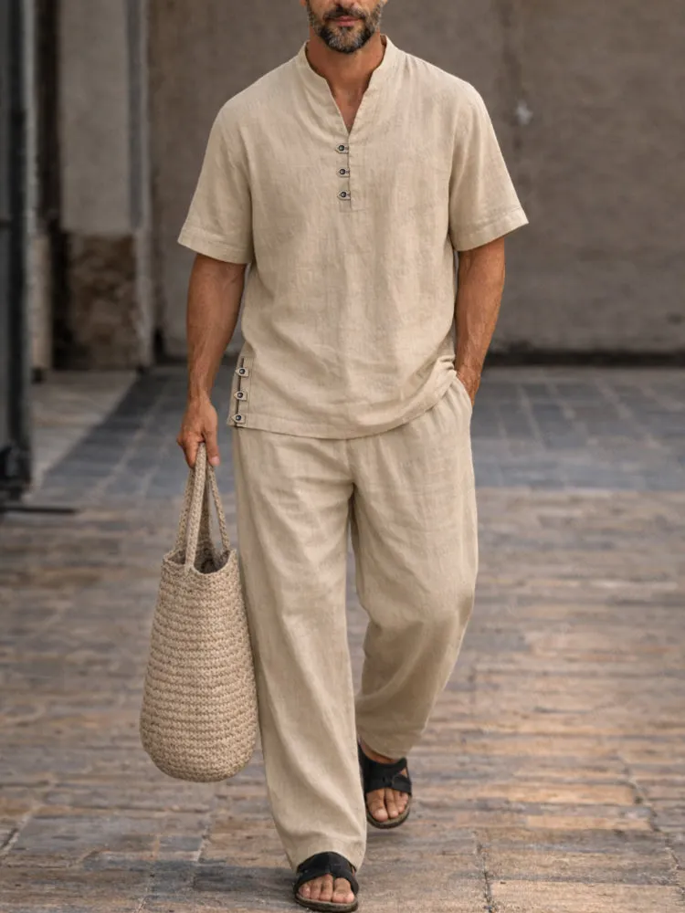 Soft Washed Cotton Henley Shirt Pants Set sold by Coofandy