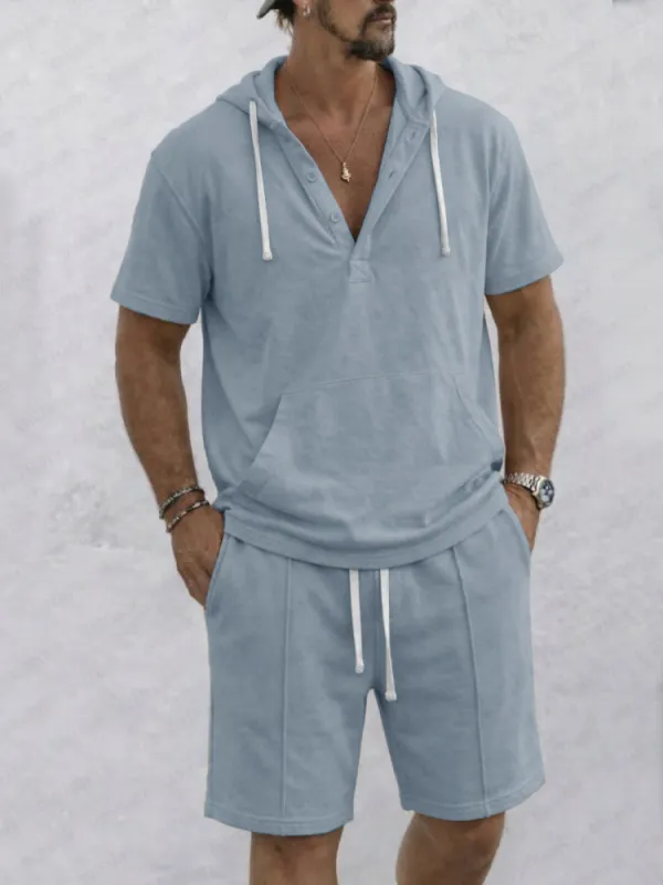 Comfy Daily Wear Relaxed Fit Hooded Shirt Shorts Set made by Coofandy