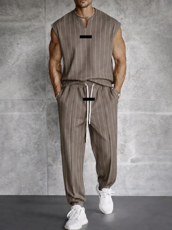 Modern Street Vertical Striped Tank Top Pants Set made by Coofandy