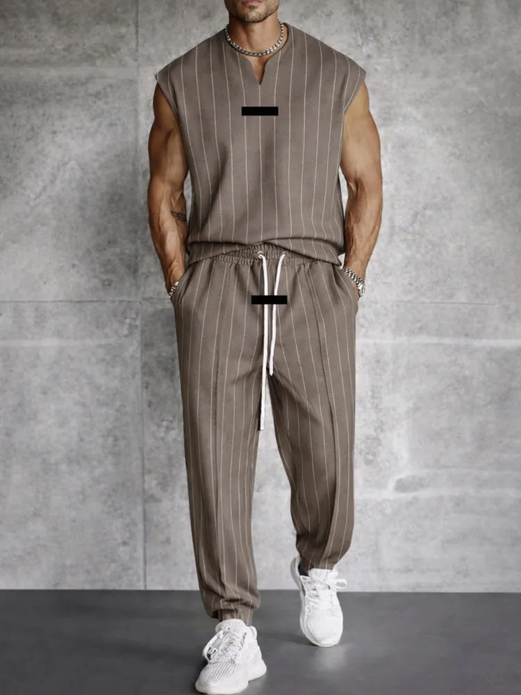 Modern Street Vertical Striped Tank Top Pants Set sold by Coofandy