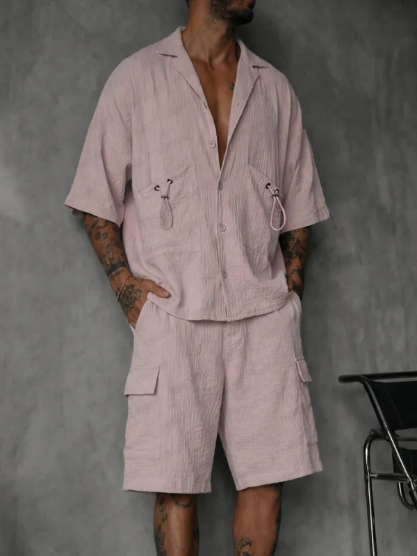 Casual 100% Cotton Textured Shirt Shorts Set made by Coofandy
