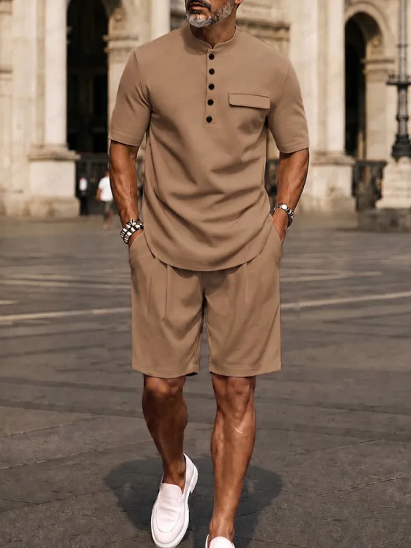 Urban Casual Button Up T-Shirt Shorts Set made by Coofandy