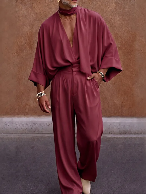Luxe Resort Draped Two Piece Set with Scarf made by Coofandy
