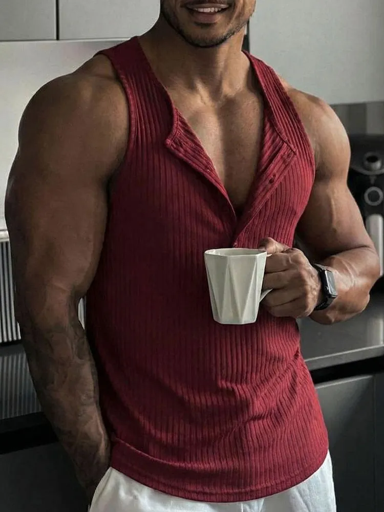 Casual Sporty Vertical Ribbed Henley Tank Top sold by Coofandy product image thumbnail 2