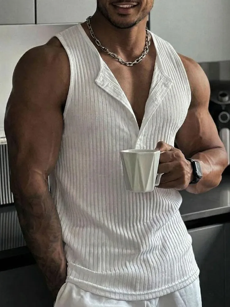 Casual Sporty Vertical Ribbed Henley Tank Top sold by Coofandy