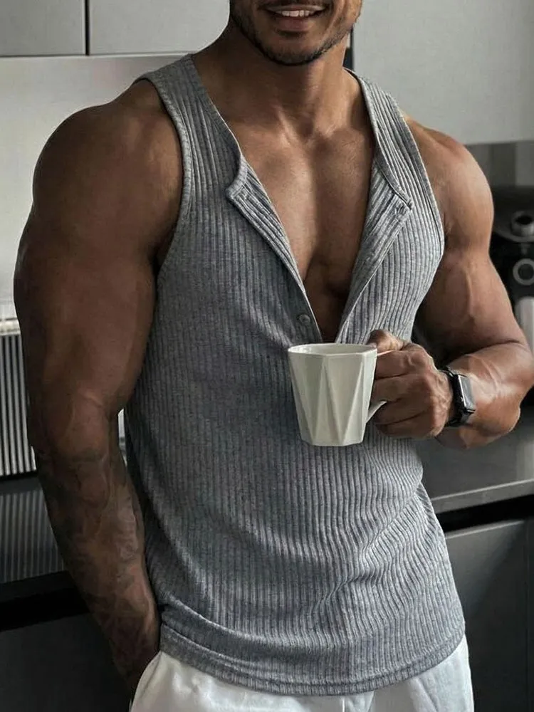 Casual Sporty Vertical Ribbed Henley Tank Top sold by Coofandy product image thumbnail 5