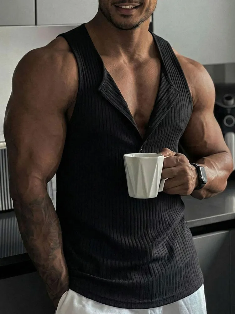 Casual Sporty Vertical Ribbed Henley Tank Top sold by Coofandy product image thumbnail 4