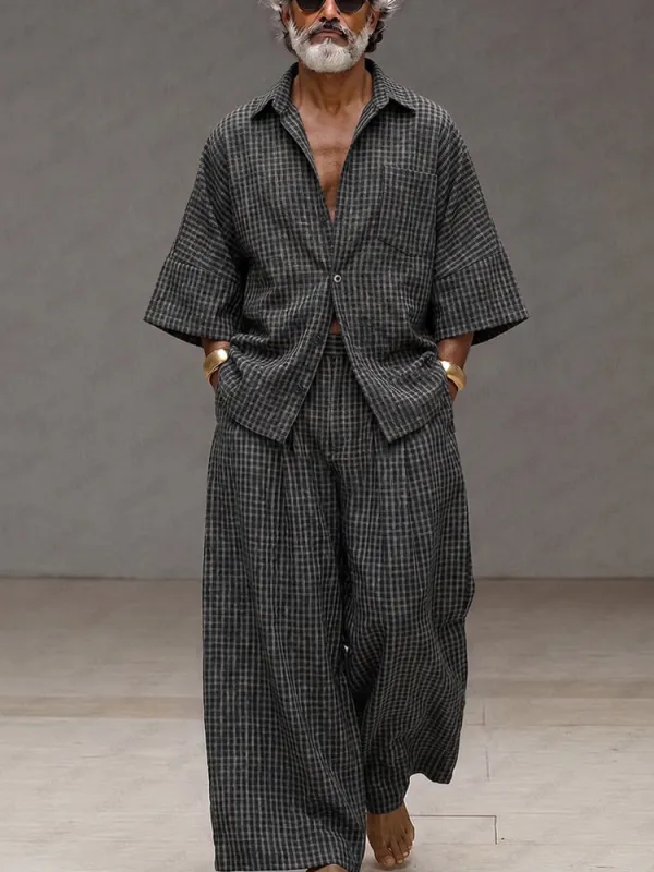 Vintage Loose Plaid Shirt and Wide-Leg Pants Set made by Coofandy