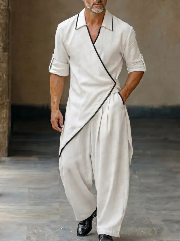 Asymmetrical Hem Contrast Trim Wrap Shirt Pants Set made by Coofandy