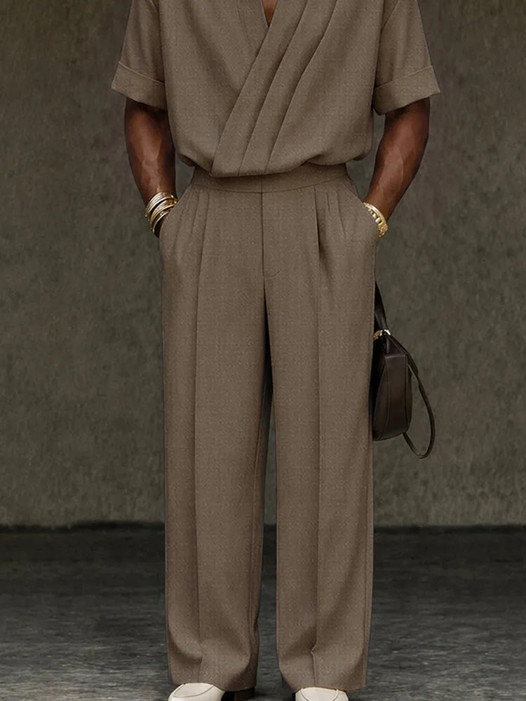 Contemporary Pleated Cross Placket Shirt Pants Set sold by Coofandy product image thumbnail 4
