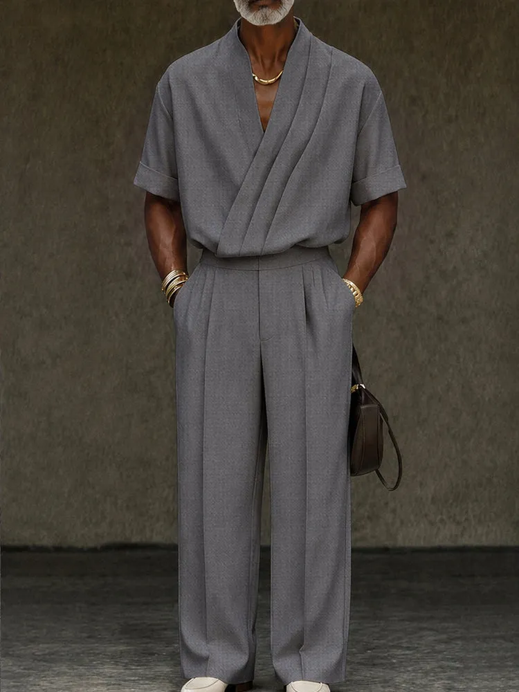 Contemporary Pleated Cross Placket Shirt Pants Set sold by Coofandy product image thumbnail 2