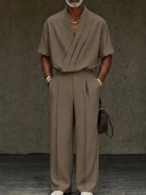 Contemporary Pleated Cross Placket Shirt Pants Set made by Coofandy