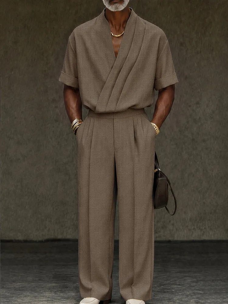 Contemporary Pleated Cross Placket Shirt Pants Set sold by Coofandy