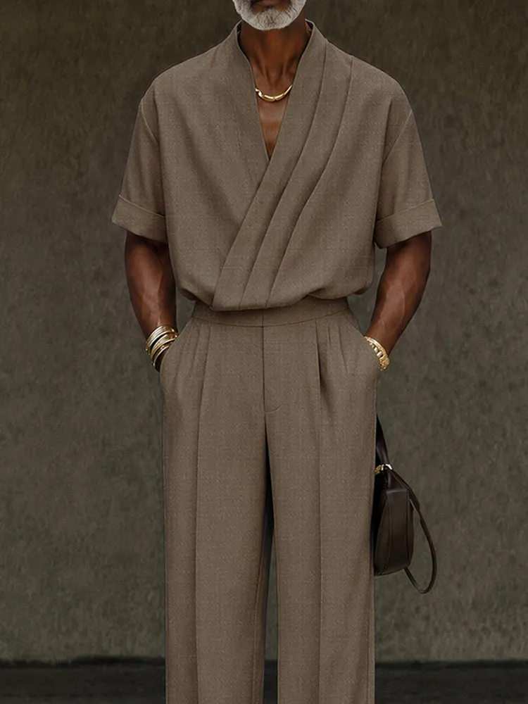 Contemporary Pleated Cross Placket Shirt Pants Set sold by Coofandy product image thumbnail 3